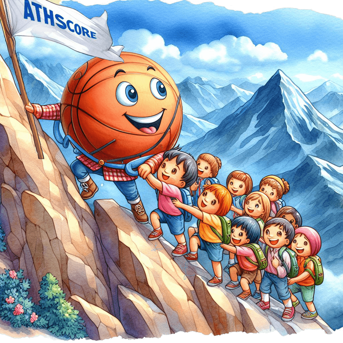 The AthScore mascot leading children up a mountain
